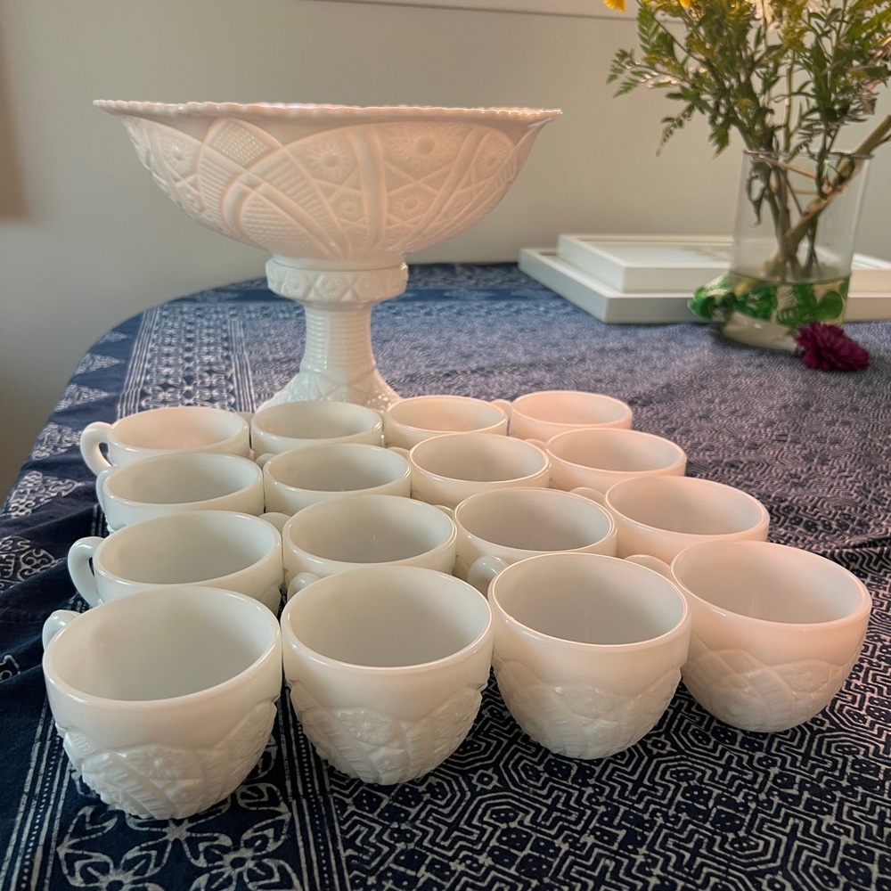 vintage 1950’s thatcher mckee milk glass punch bowl & cups